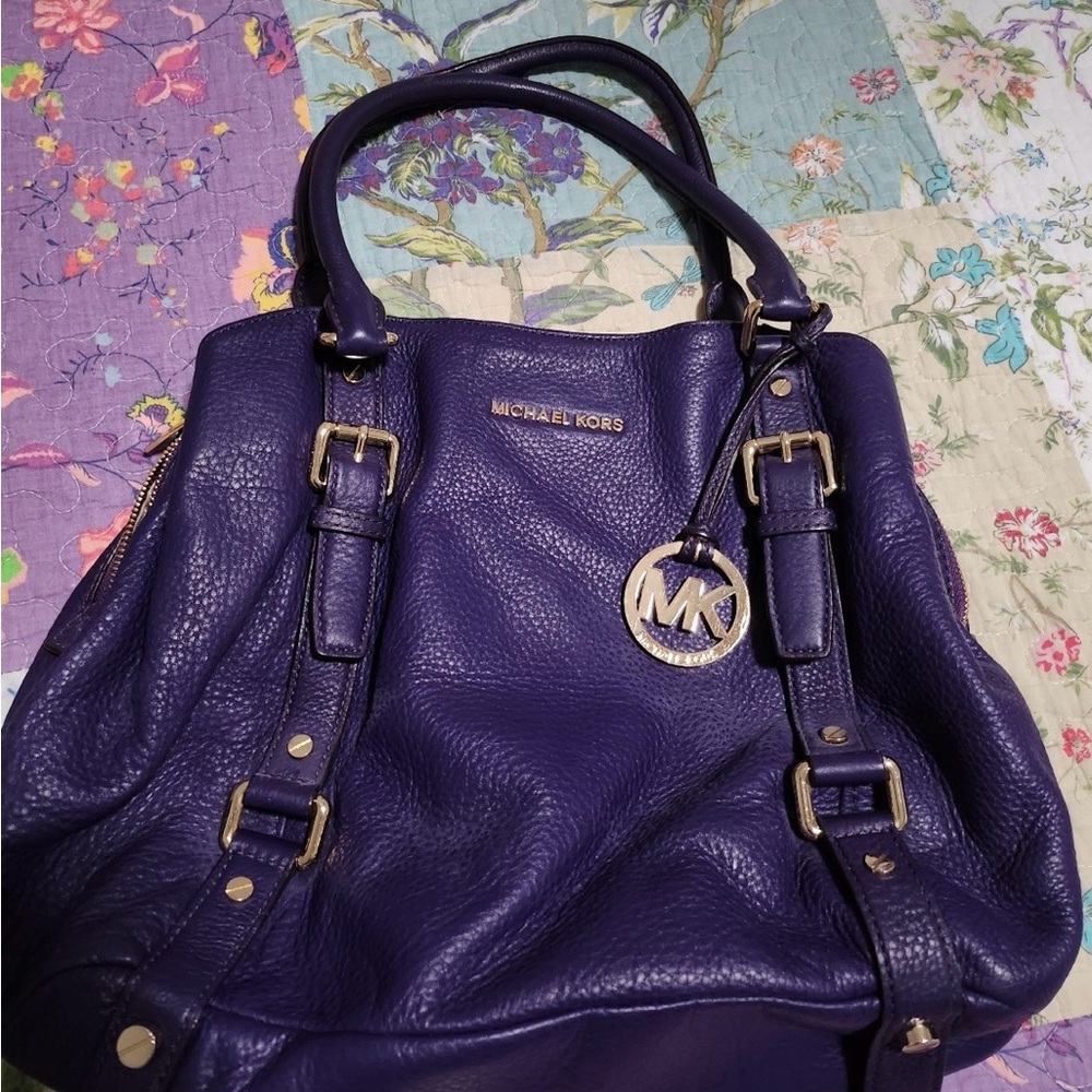 Michael Kors Purple Pebbled Leather Satchel With Gold Hardware & MK Charm EUC